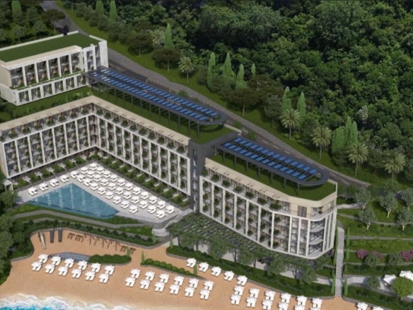 a building with a pool and trees